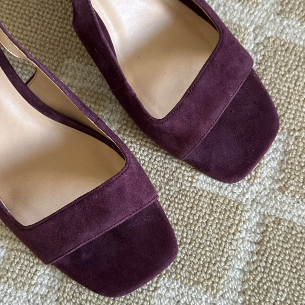 NWT Ann Taylor Suede Heels Square Toe Slingback Sandals Holiday Shoes Plum 8.5 - Picture 3 of 12